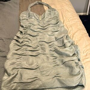 Greenish halter dressy dress, no sleeveless.